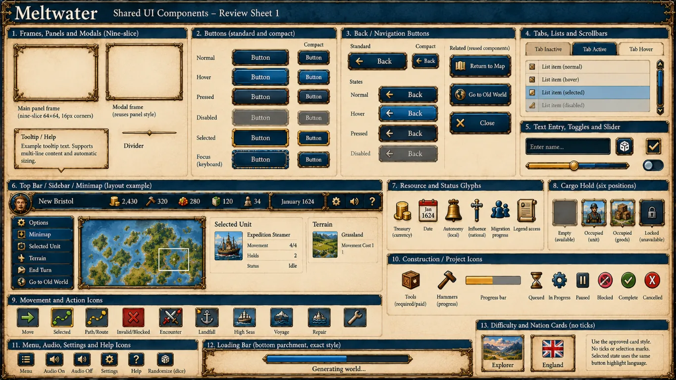 Meltwater shared interface design sheet with brass-edged sea-blue panels and parchment