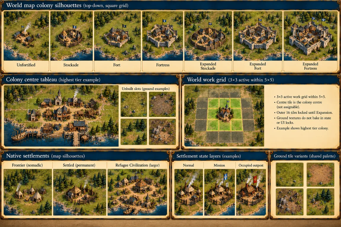 Meltwater colony settlement and work-grid concept sheet
