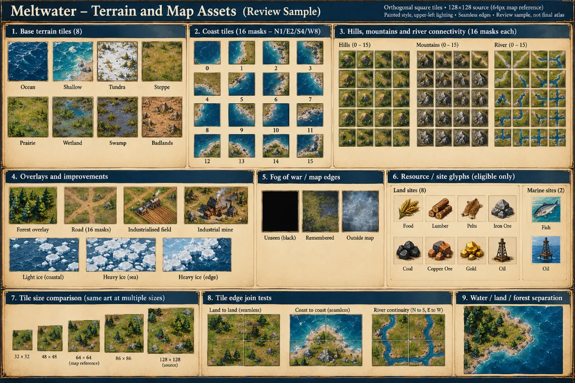 Meltwater terrain and map asset review sheet with square tiles and overlays