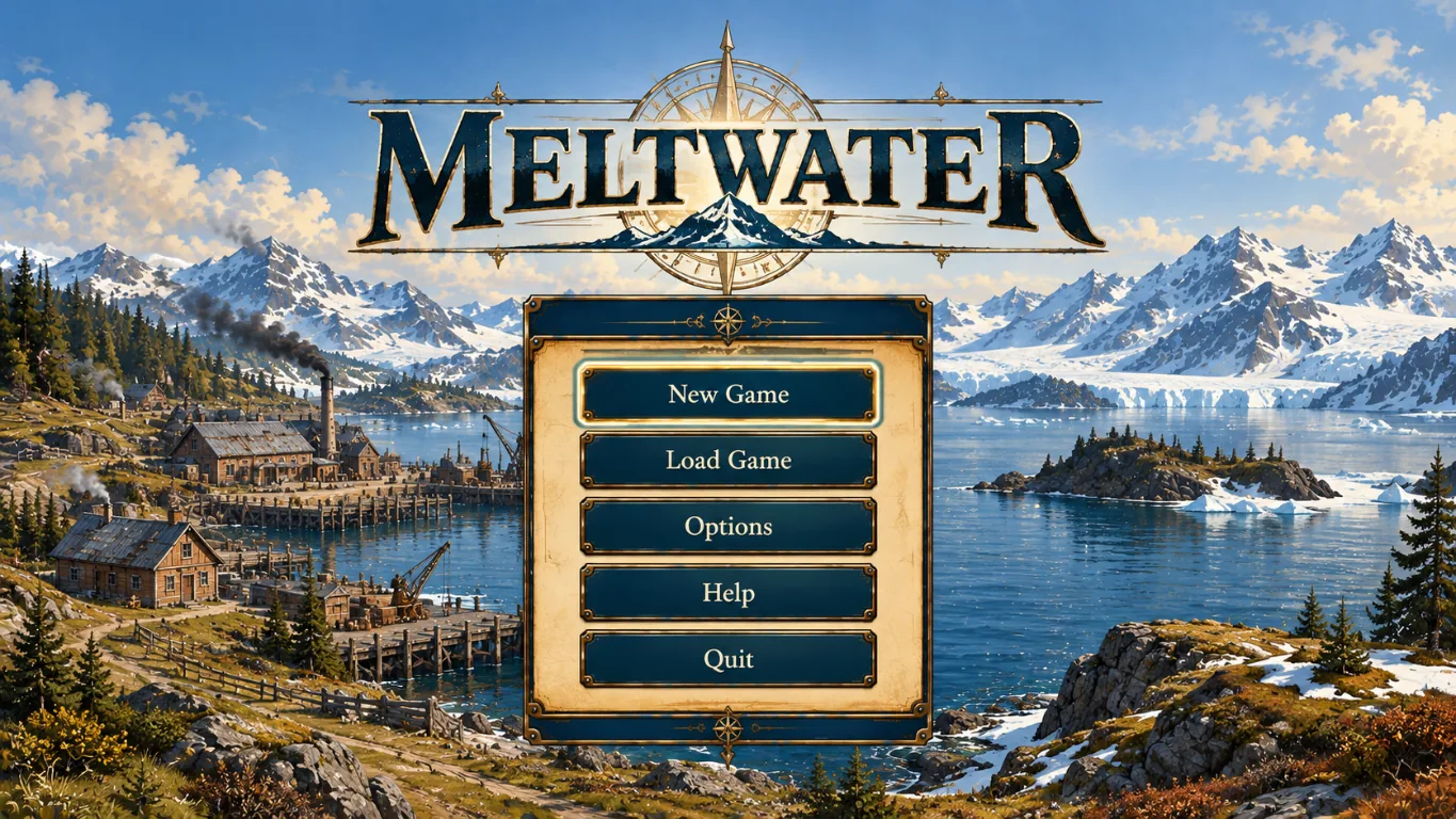 Meltwater title-screen design concept showing an Arctic harbour and framed menu